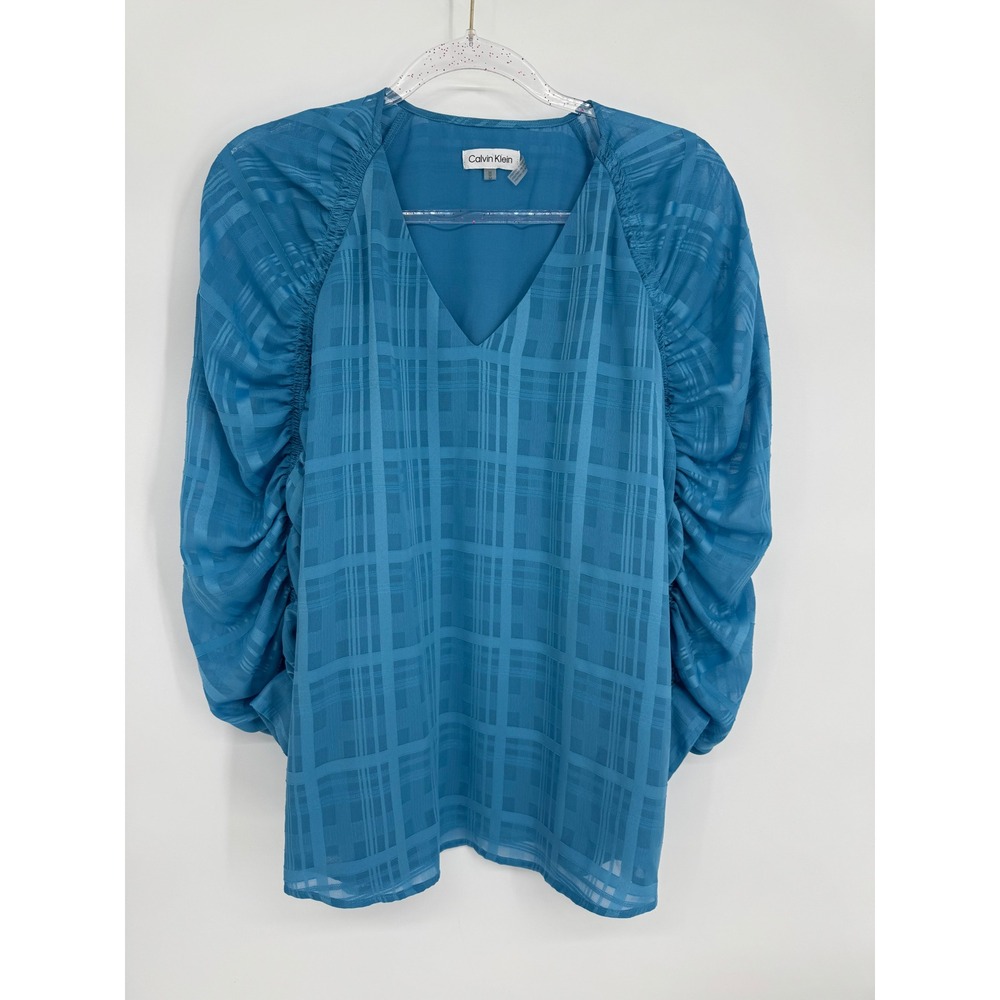 Calvin Klein Womens‎ Blue Burnout Plaid Ruched Puff Sleeve V-Neck Blouse Sz M